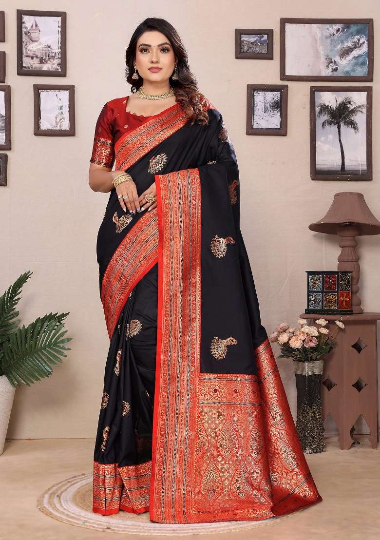 Black Embroidered Silk Saree Set - Indya