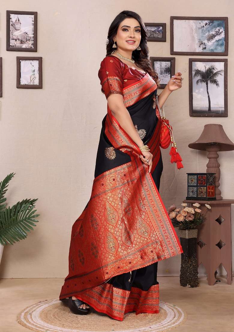 Black Embroidered Silk Saree Set - Indya