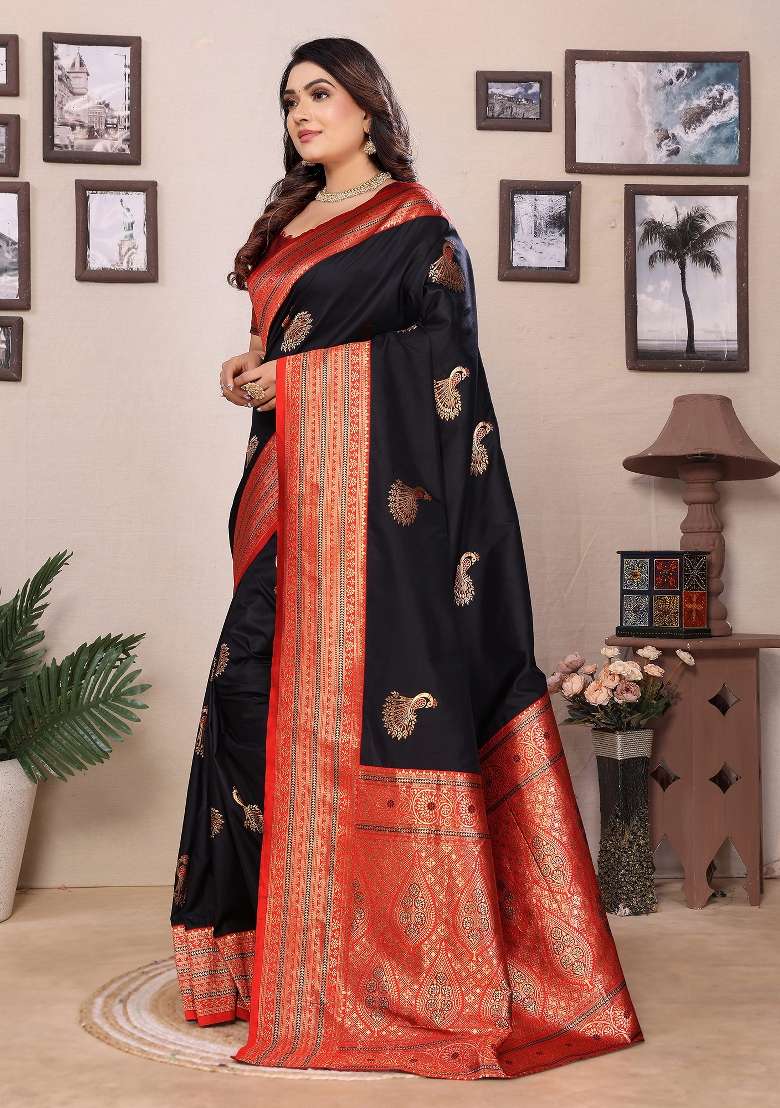 Black Embroidered Silk Saree Set - Indya