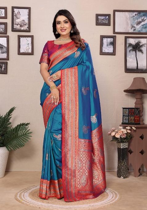 Royal Blue Embroidered Silk Saree Set