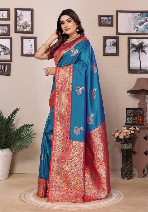 Royal Blue Embroidered Silk Saree Set