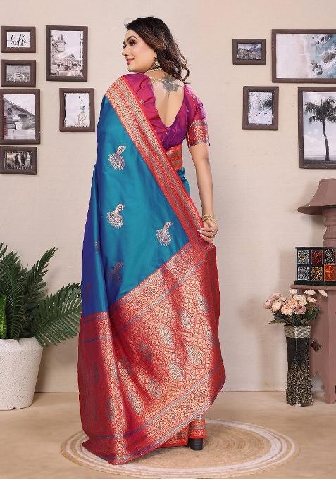 Royal Blue Embroidered Silk Saree Set