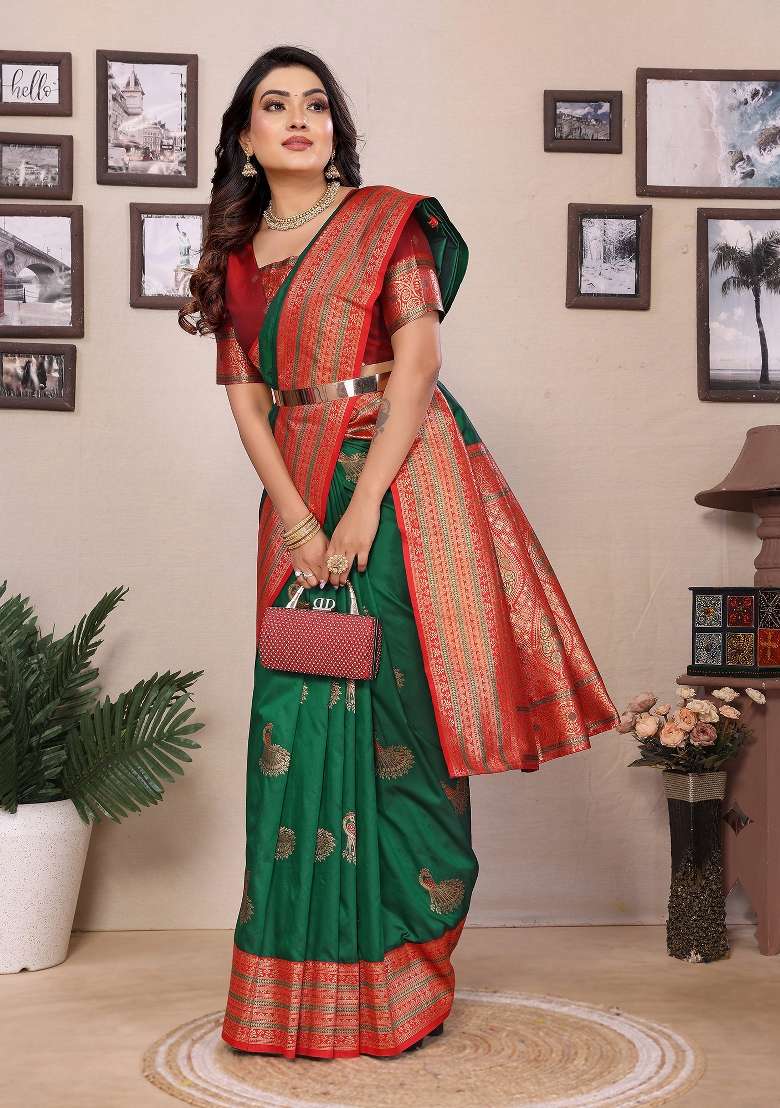 Green Embroidered Silk Saree Set - Indya