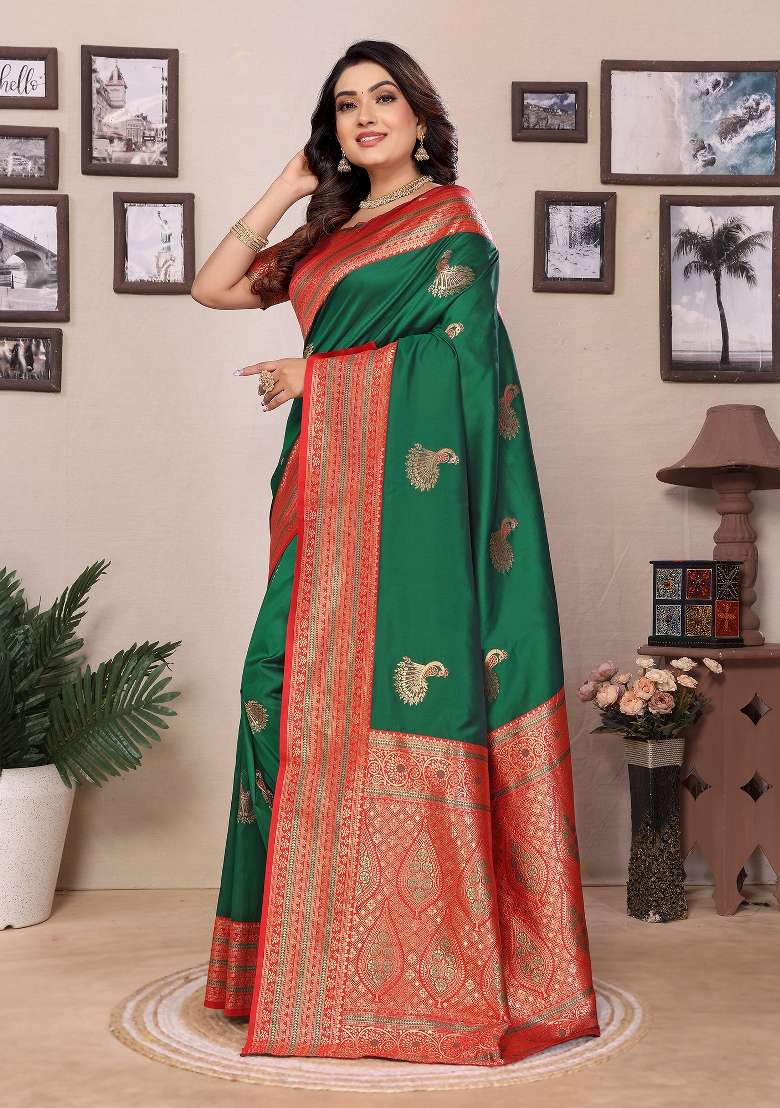 Green Embroidered Silk Saree Set - Indya