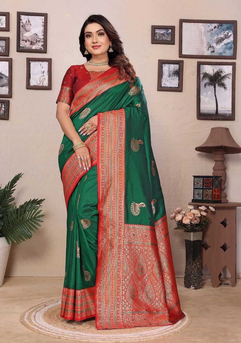 Green Embroidered Silk Saree Set - Indya