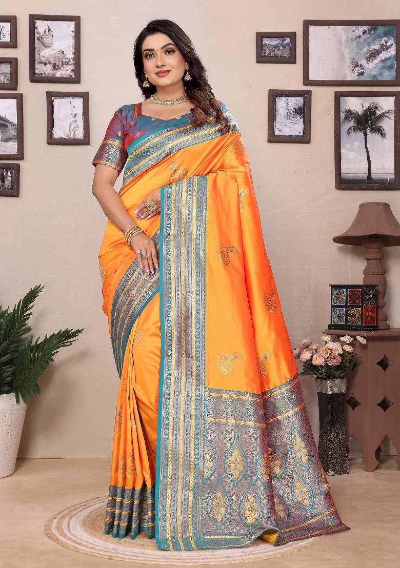 Orange Embroidered Silk Blend Saree Set for Diwali and Festive Wear - Indya