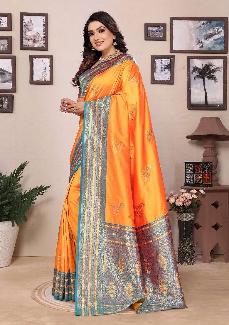Orange Embroidered Silk Blend Saree Set for Diwali and Festive Wear - Indya