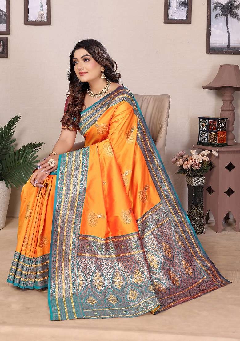 Orange Embroidered Silk Blend Saree Set for Diwali and Festive Wear - Indya