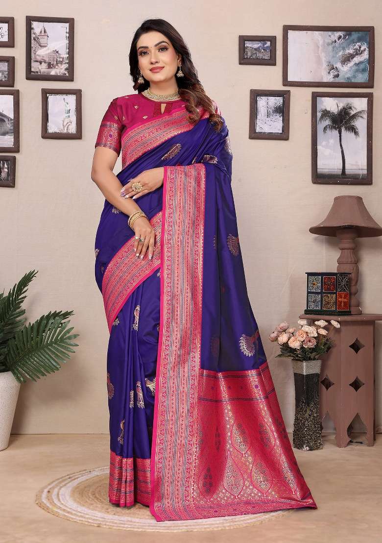 Purple Silk Blend Saree Set with Embroidered for Diwali | Wedding & Festive Wear - Indya