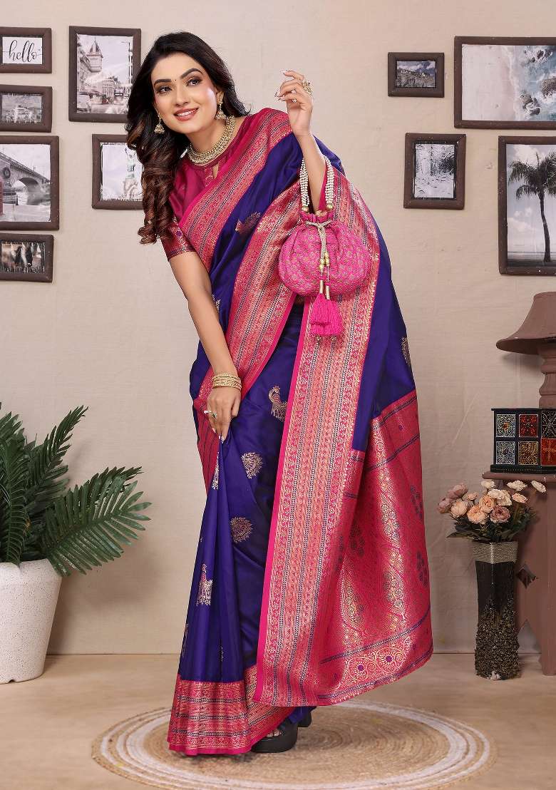 Purple Silk Blend Saree Set with Embroidered for Diwali | Wedding & Festive Wear - Indya