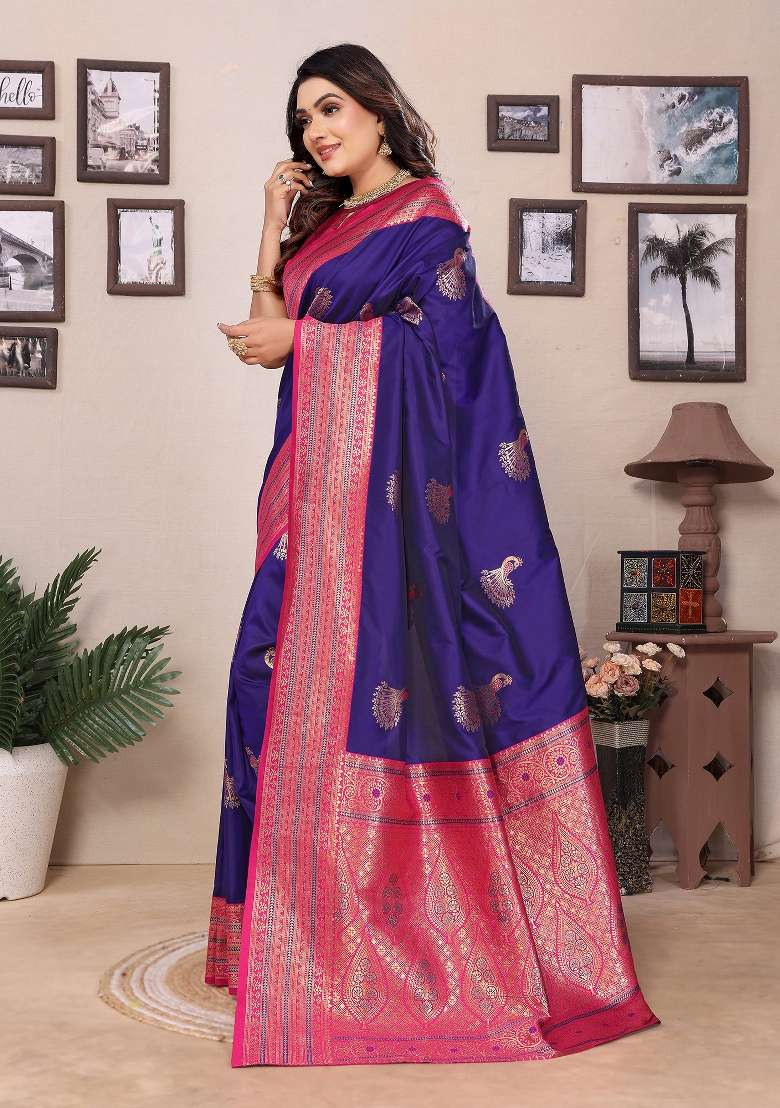 Purple Silk Blend Saree Set with Embroidered for Diwali | Wedding & Festive Wear - Indya
