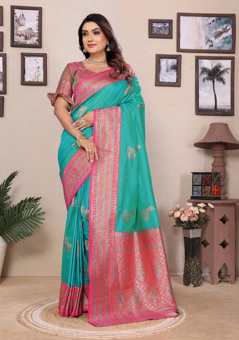 Turquoise Embroidered Silk Saree Set