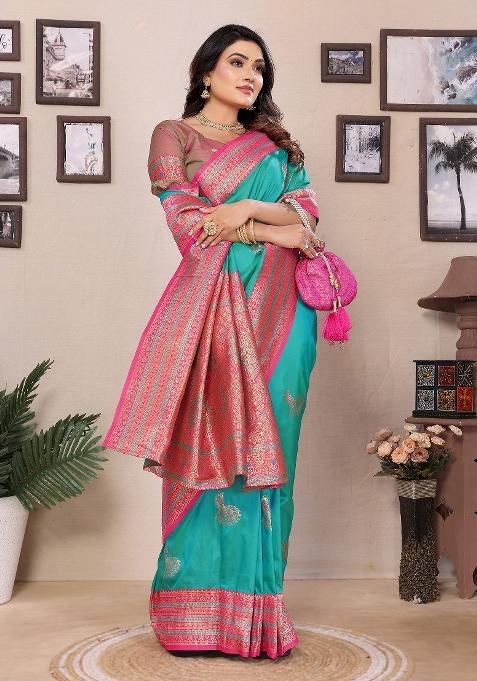 Turquoise Embroidered Silk Saree Set