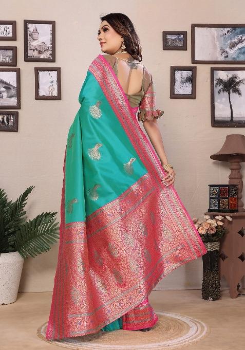Turquoise Embroidered Silk Saree Set