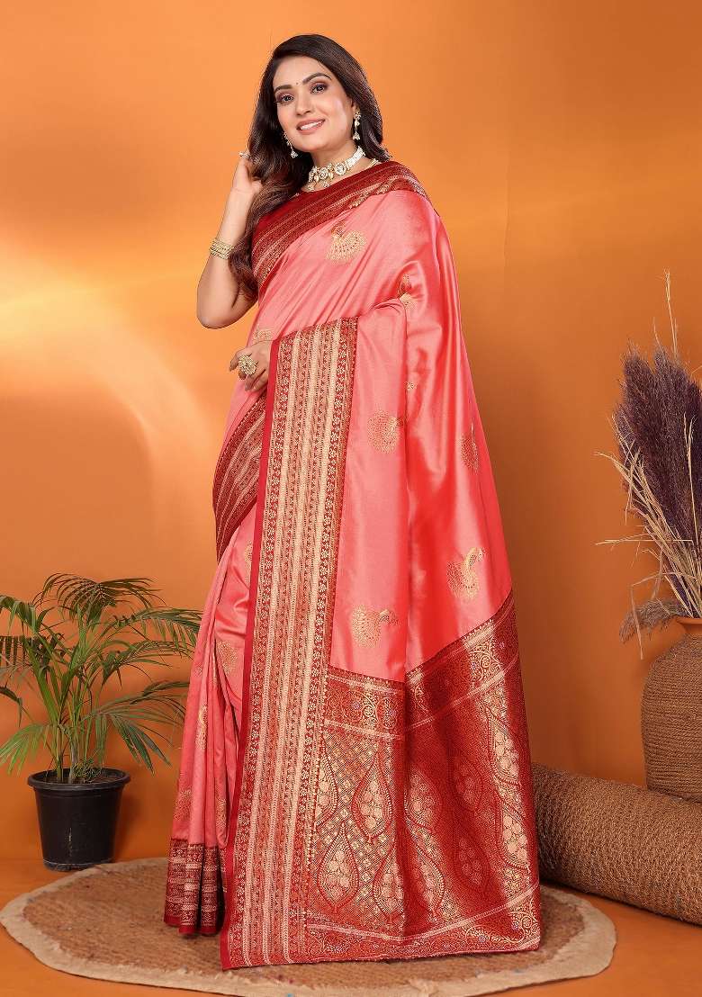 Peach Embroidered Silk Saree Set - Indya