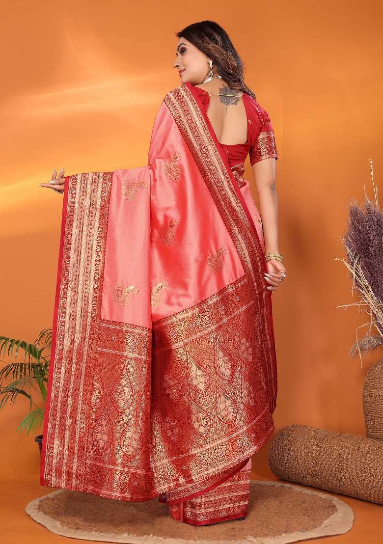 Peach Embroidered Silk Saree Set - Indya