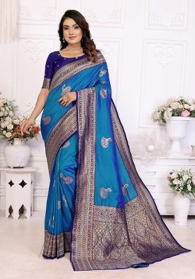 Royal Blue Embroidered Silk Saree Set