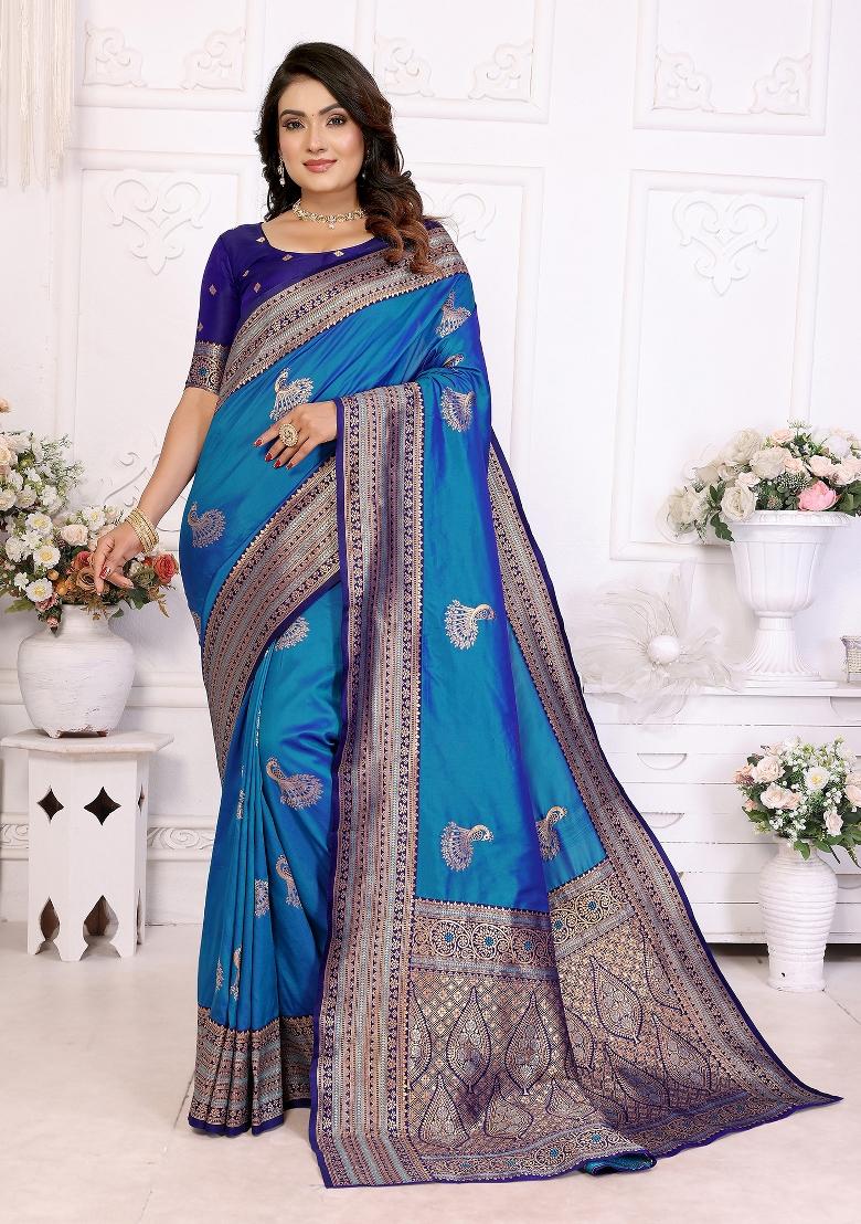 Royal Blue Embroidered Silk Saree Set