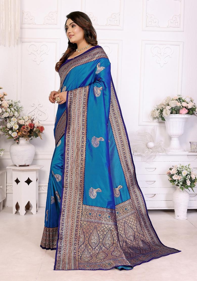 Royal Blue Embroidered Silk Saree Set