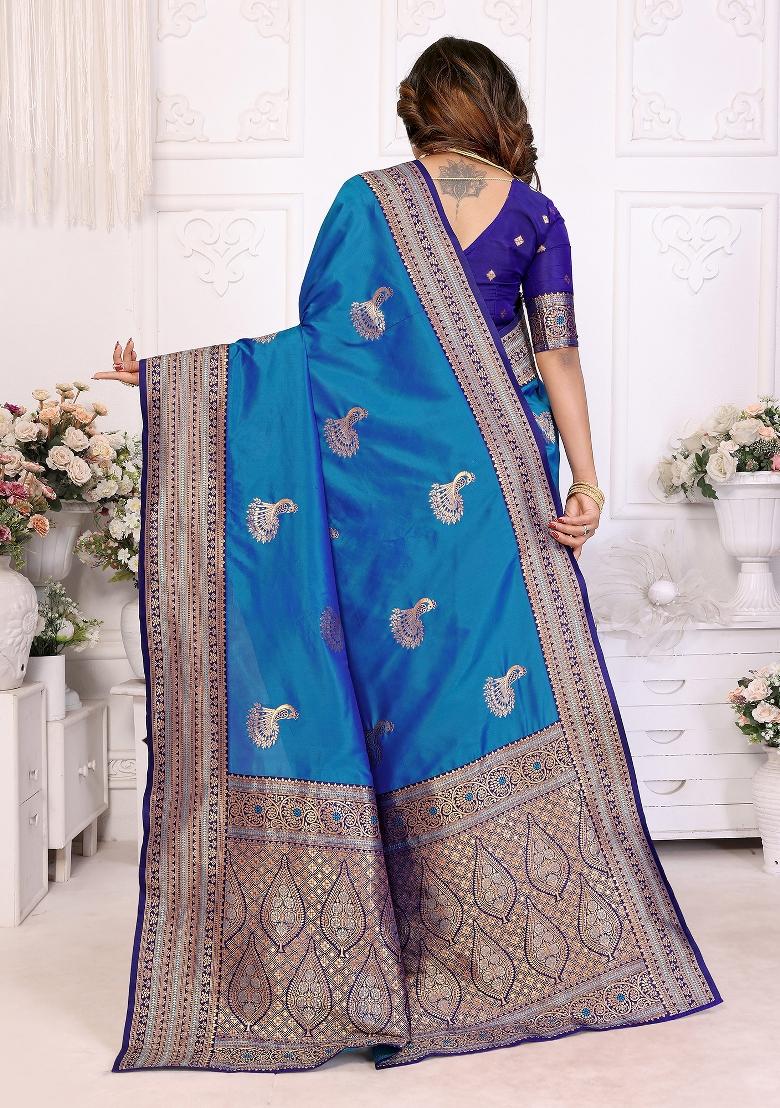 Royal Blue Embroidered Silk Saree Set