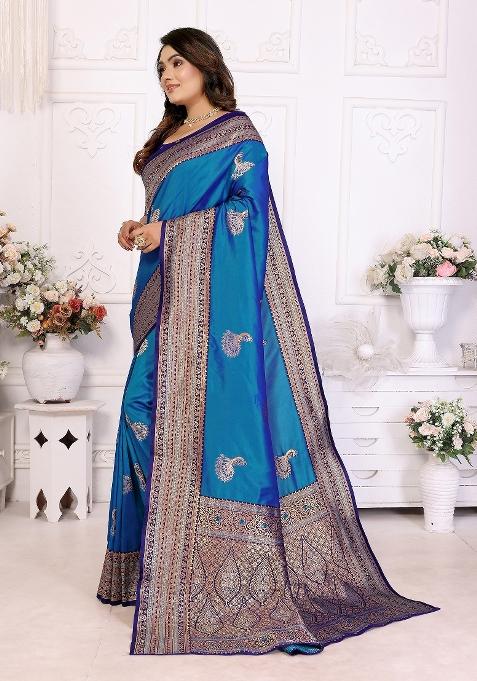 Royal Blue Embroidered Silk Saree Set