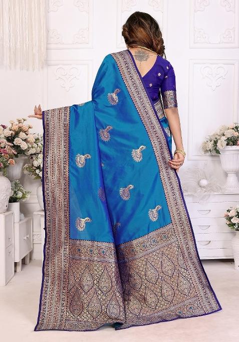 Royal Blue Embroidered Silk Saree Set
