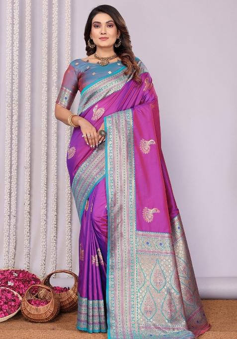 Pink Embroidered Silk Saree Set