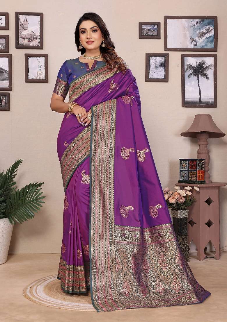 Magenta Embroidered Silk Saree Set - Indya