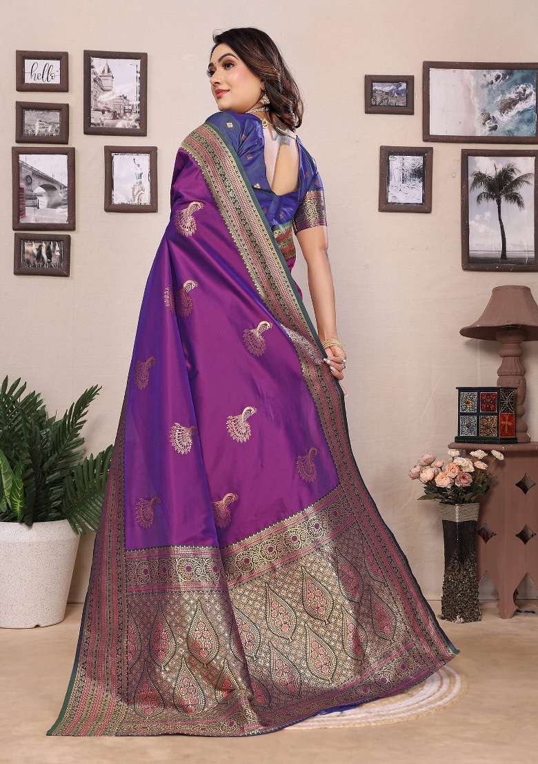 Magenta Embroidered Silk Saree Set - Indya