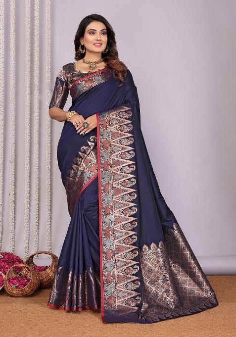 Navy Blue Woven Silk Saree Set