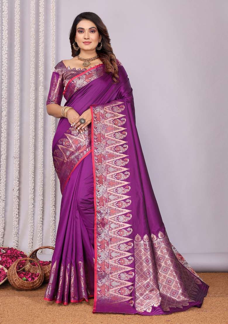 Purple Woven Silk Blend Saree Set for Diwali and Festive Wear - Indya
