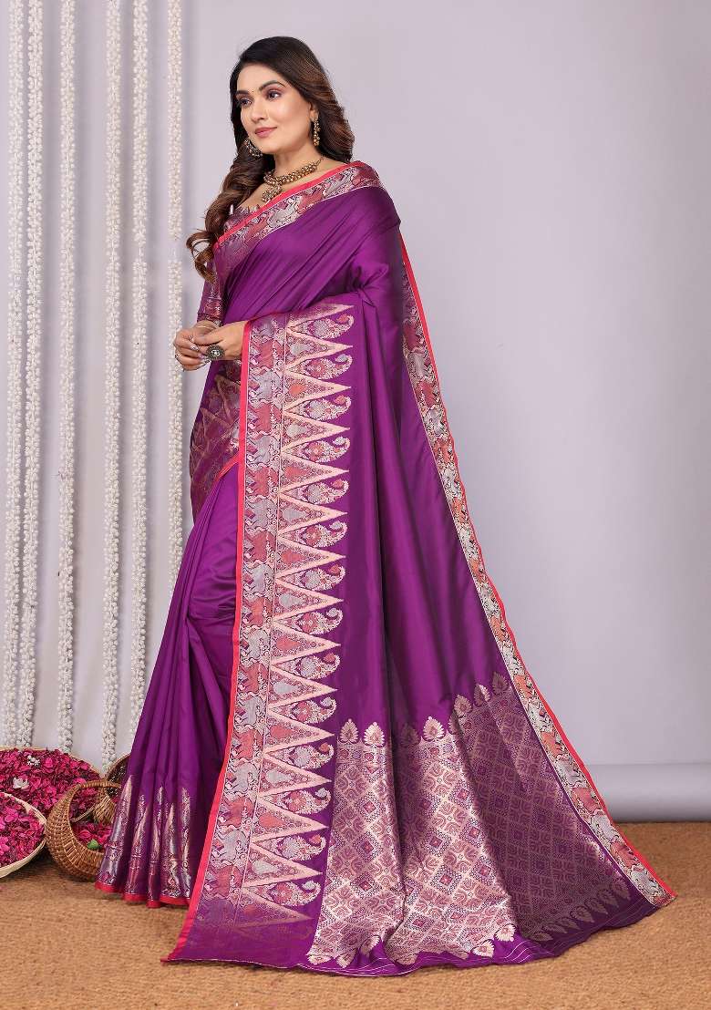Purple Woven Silk Blend Saree Set for Diwali and Festive Wear - Indya