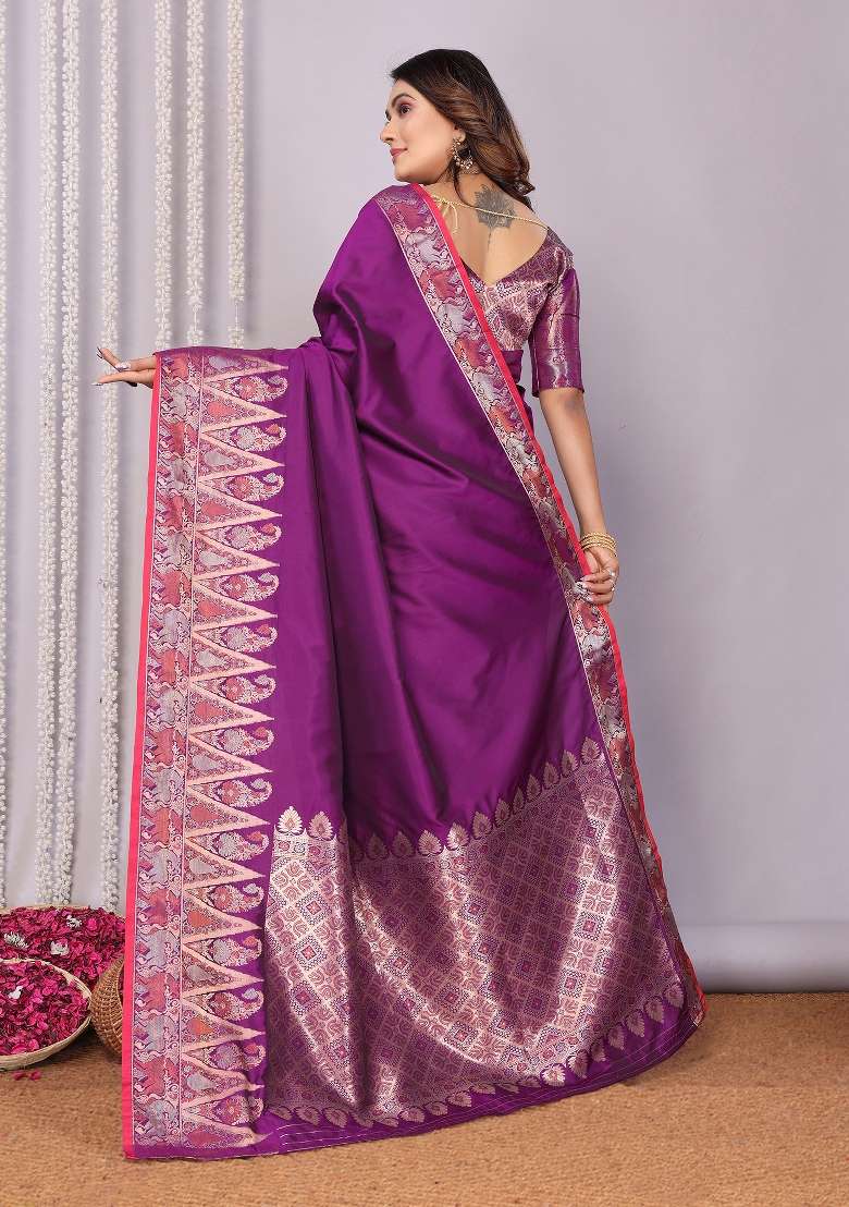 Purple Woven Silk Blend Saree Set for Diwali and Festive Wear - Indya