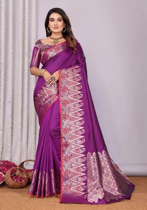 Purple Woven Silk Saree Set