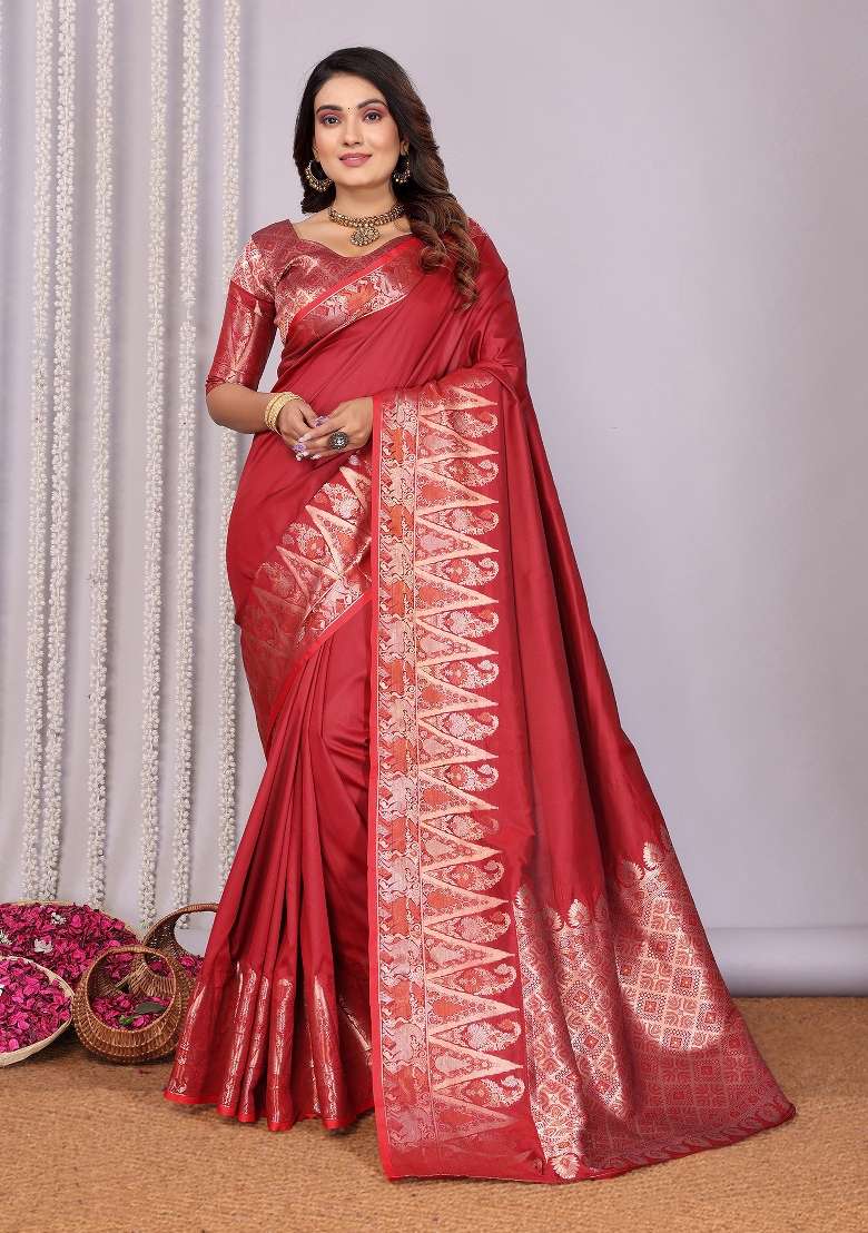 Red Woven Silk Blend Saree Set for Diwali | Wedding & Festive Wear - Indya