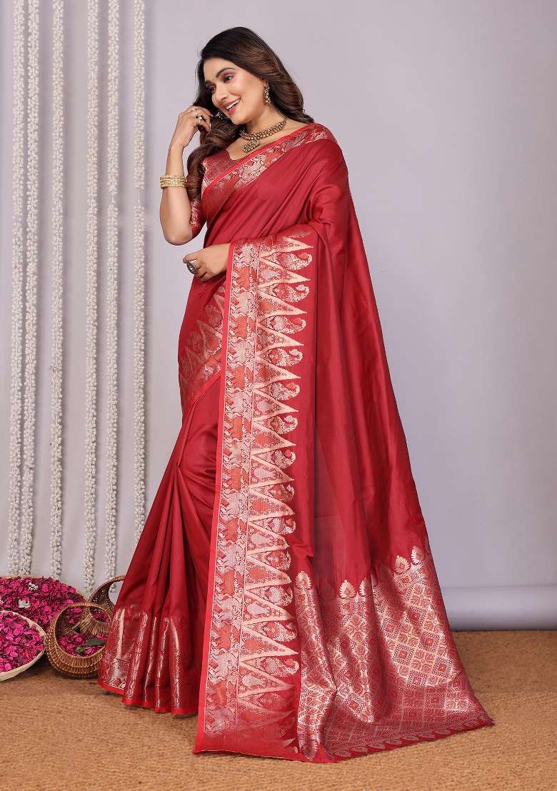 Red Woven Silk Blend Saree Set for Diwali | Wedding & Festive Wear - Indya