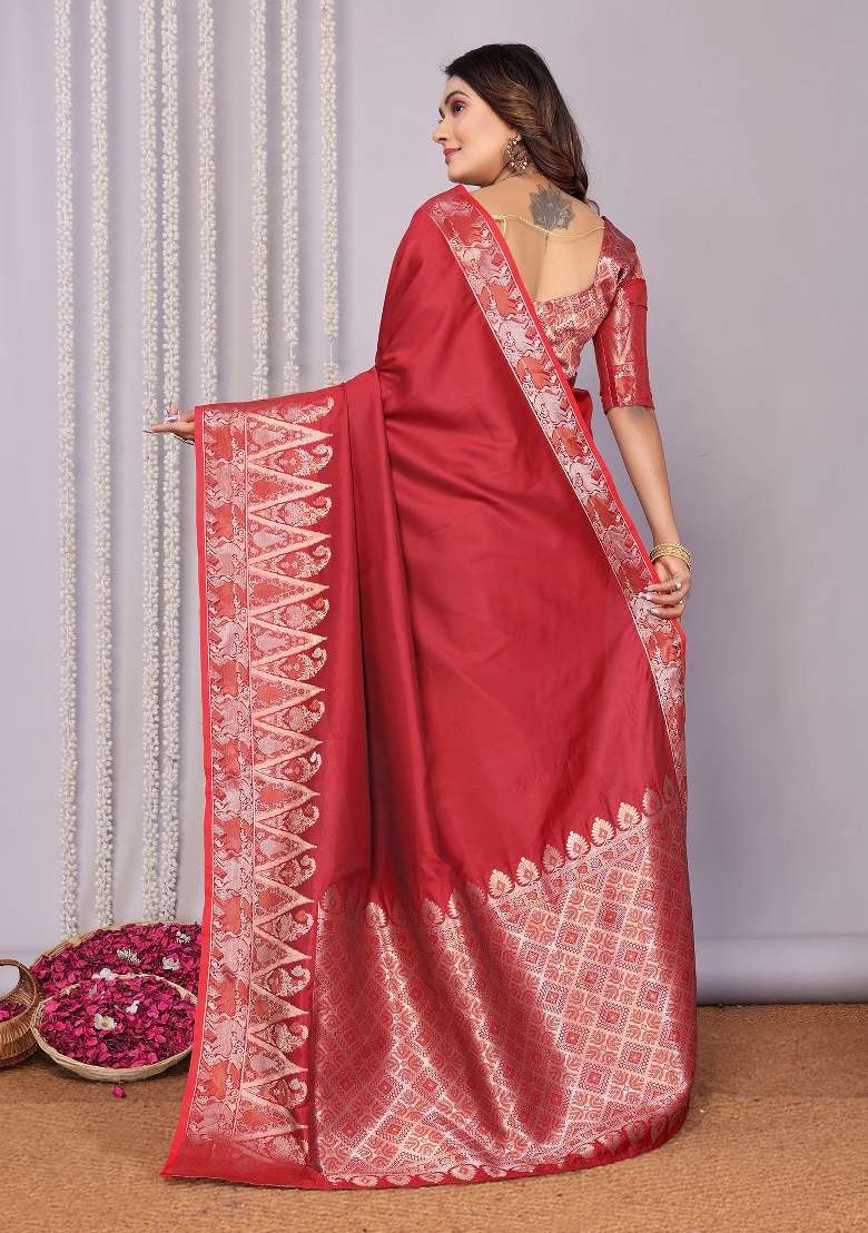 Red Woven Silk Blend Saree Set for Diwali | Wedding & Festive Wear - Indya