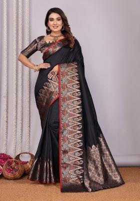 Black Woven Silk Saree Set