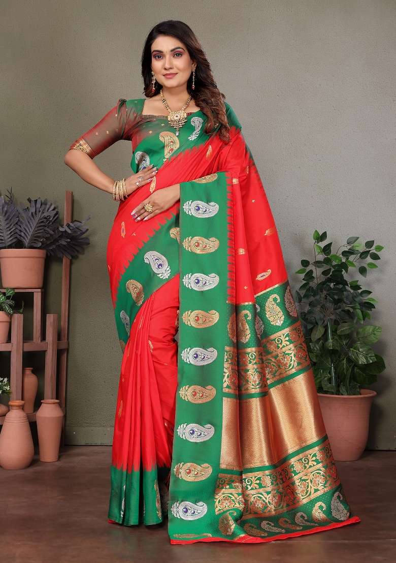 Red Embroidered Silk Blend Saree Set for Diwali and Festive Wear - Indya