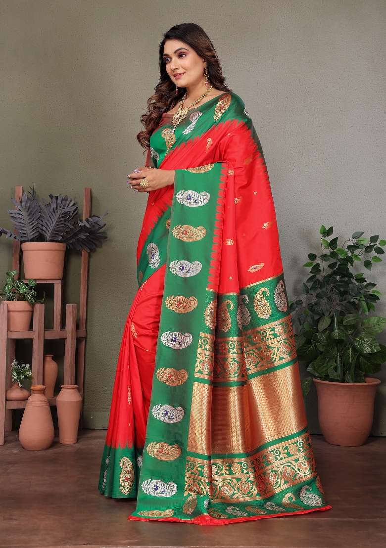 Red Embroidered Silk Blend Saree Set for Diwali and Festive Wear - Indya