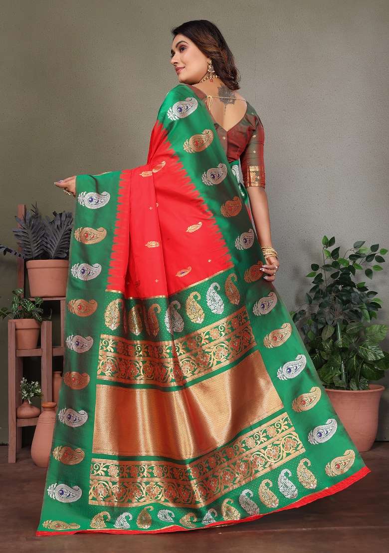Red Embroidered Silk Blend Saree Set for Diwali and Festive Wear - Indya
