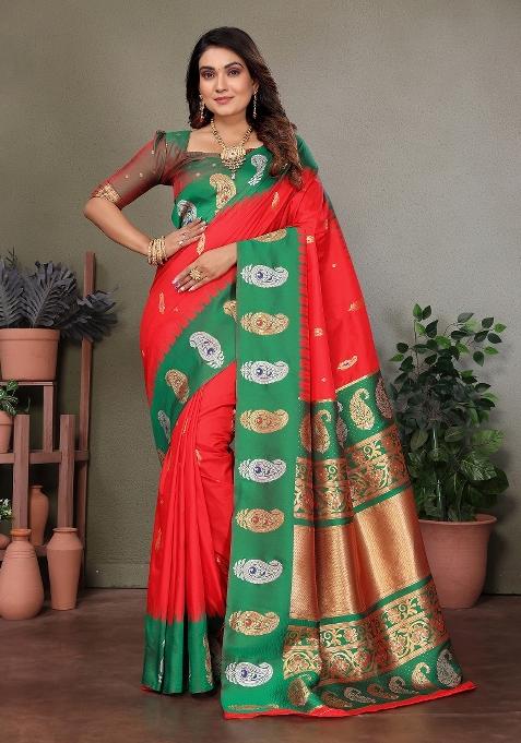 Red Embroidered Silk Saree Set