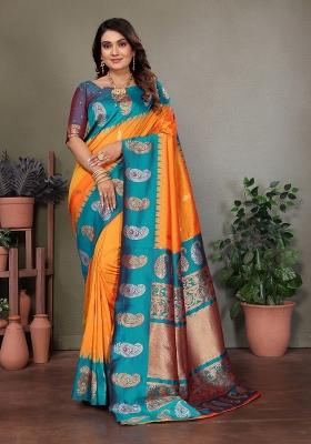 Orange Embroidered Silk Saree Set