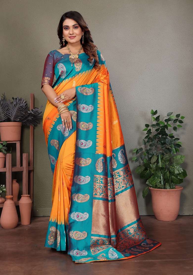 Orange Embroidered Silk Blend Saree Set for Diwali and Festive Wear - Indya