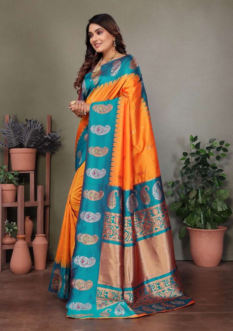 Orange Embroidered Silk Blend Saree Set for Diwali and Festive Wear - Indya
