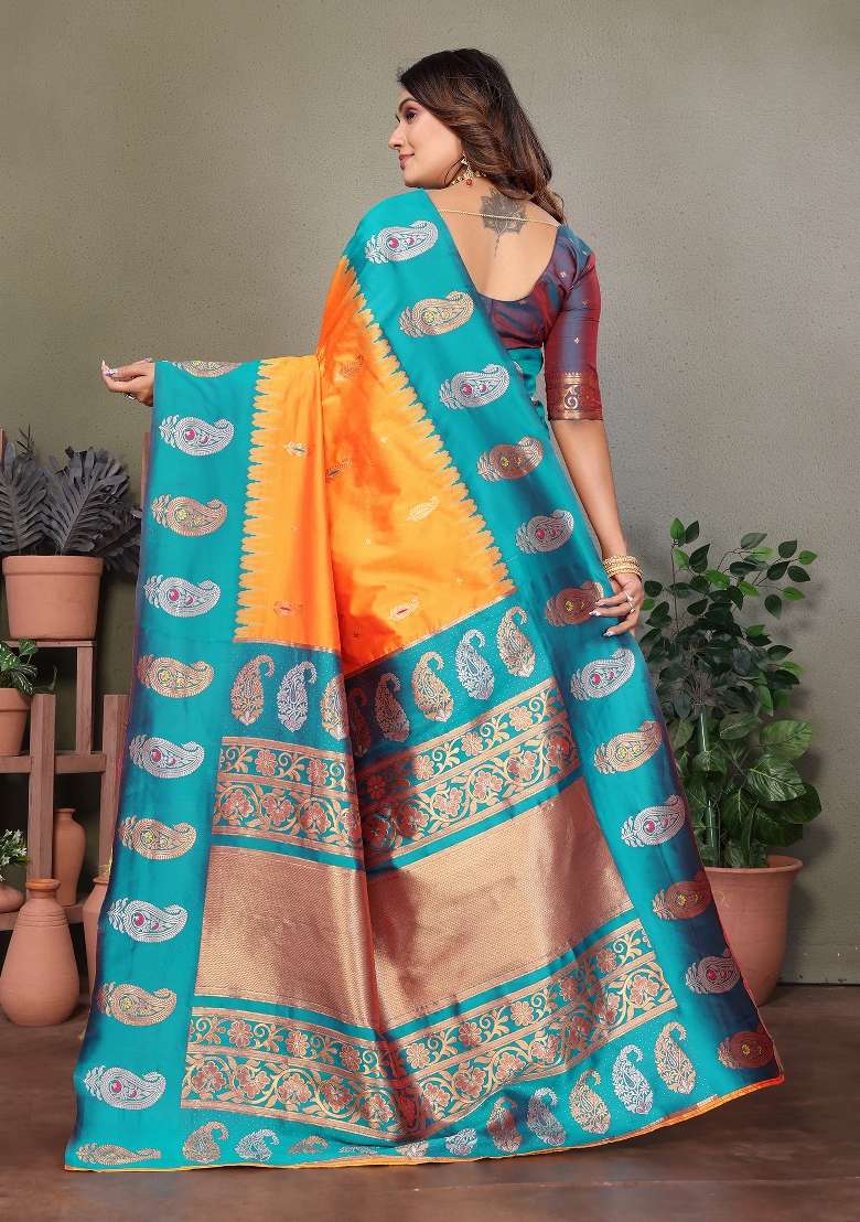 Orange Embroidered Silk Blend Saree Set for Diwali and Festive Wear - Indya