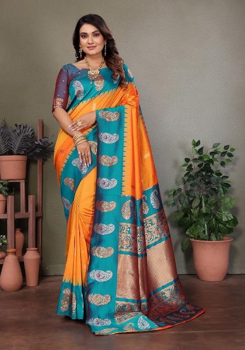 Orange Embroidered Silk Saree Set