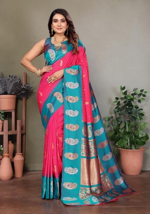 Pink Embroidered Silk Saree Set