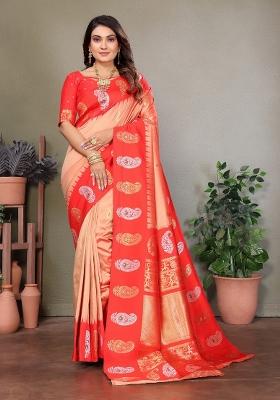 Peach Embroidered Silk Saree Set