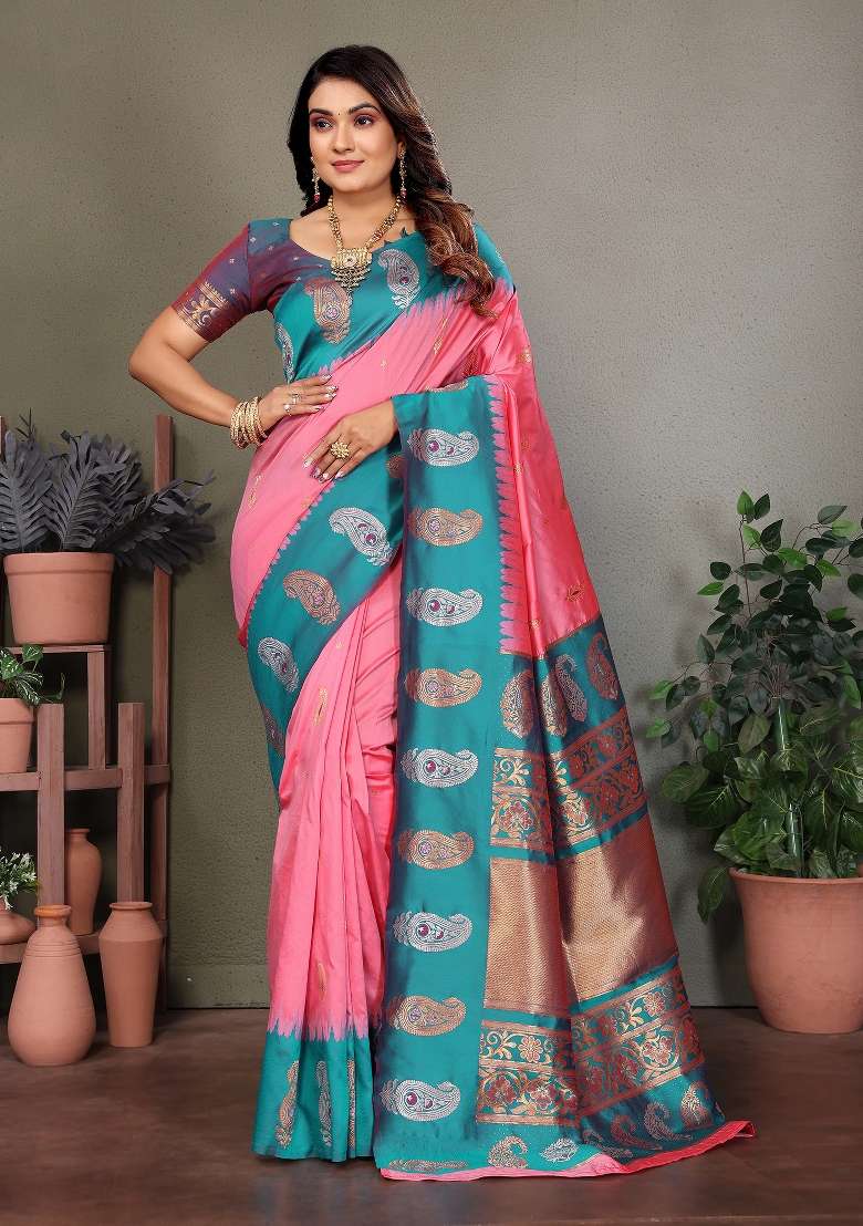 Baby Pink Embroidered Silk Blend Saree Set for Diwali and Festive Wear - Indya